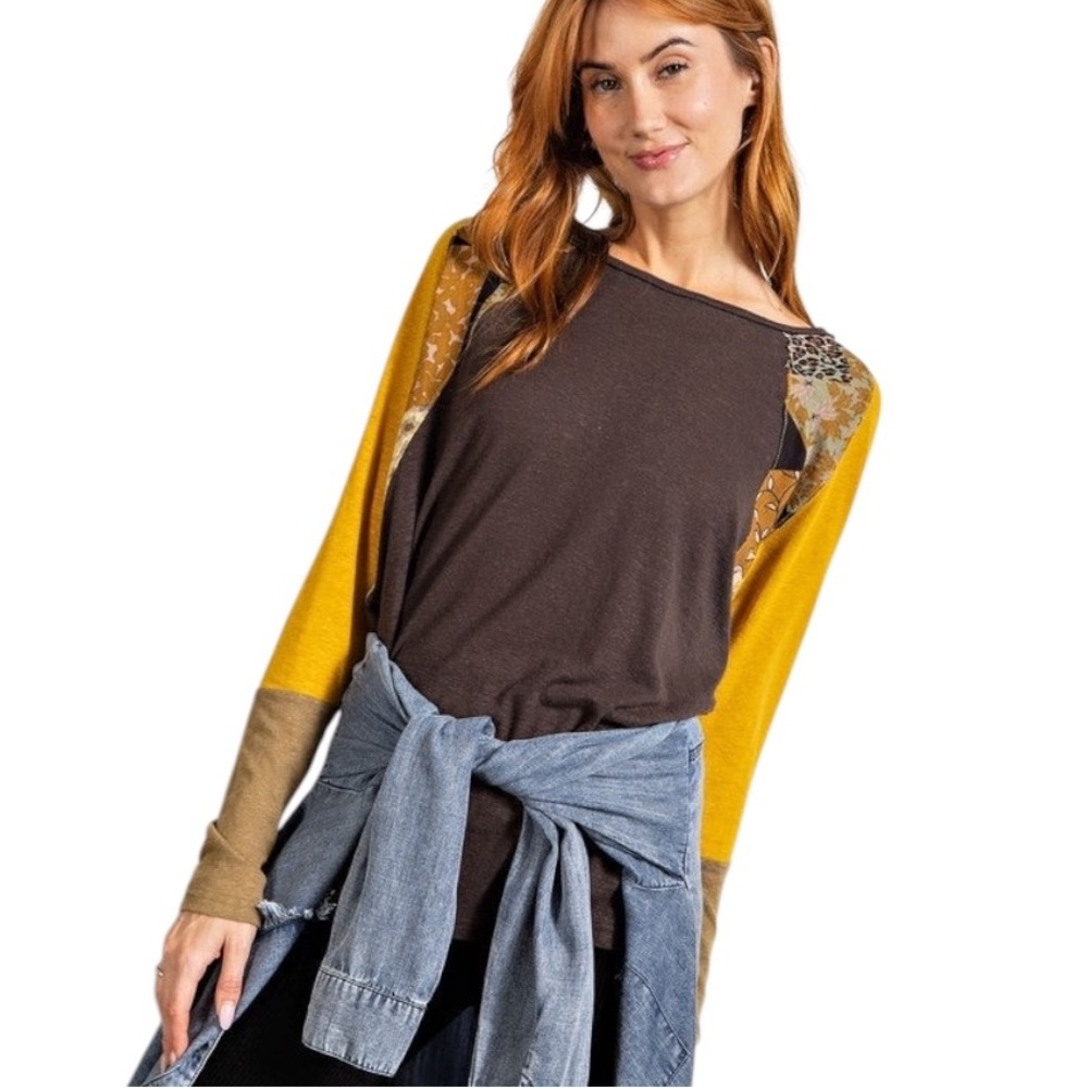 NWT Easel Gray Yellow Tan Leopard Floral Mixed Print Raglan Long Sleeve Tee - S